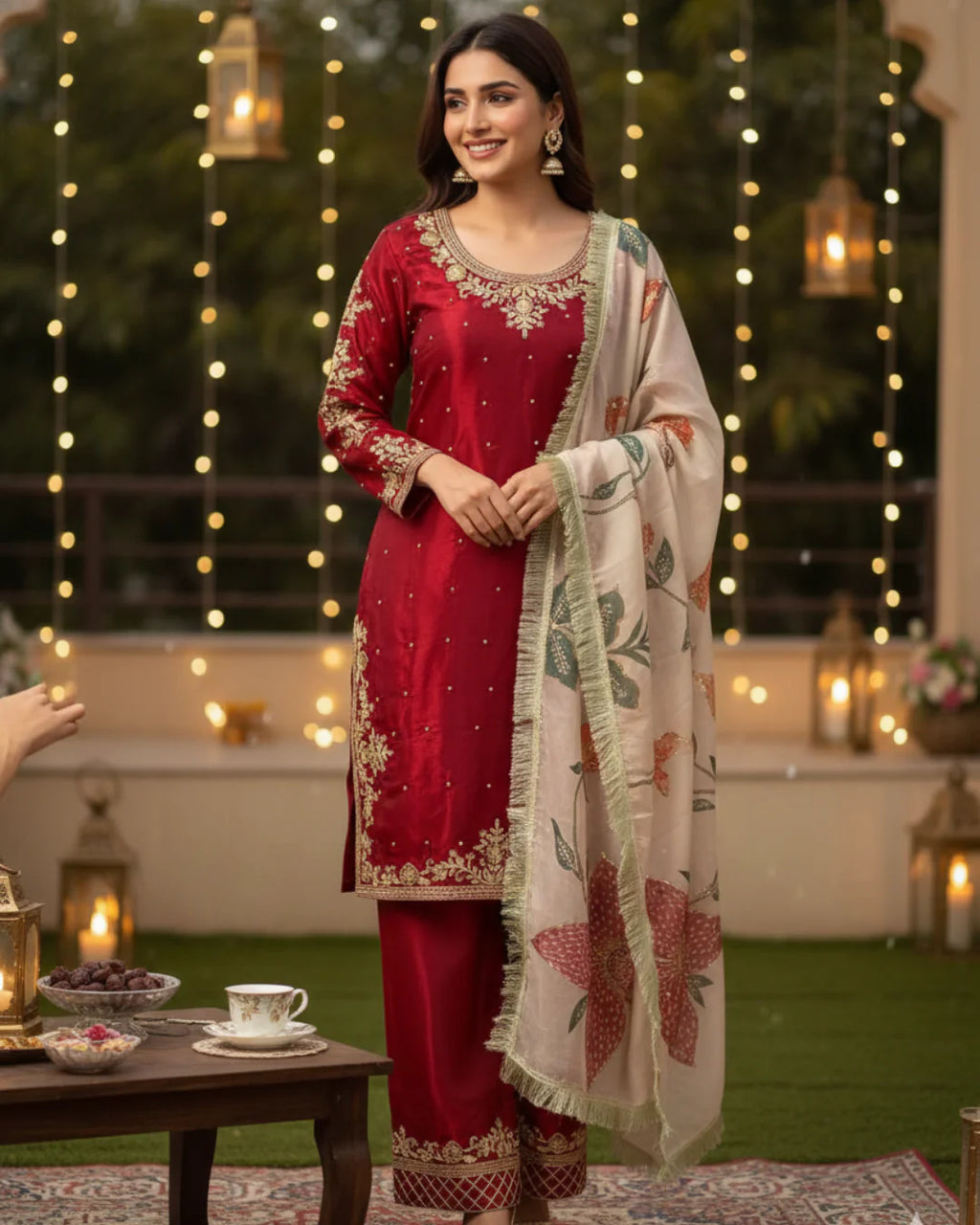 using exact same model & suit, background, create a professional photography shoot with a different pose color of suit should be Navy blue and same potli with a matching slippers