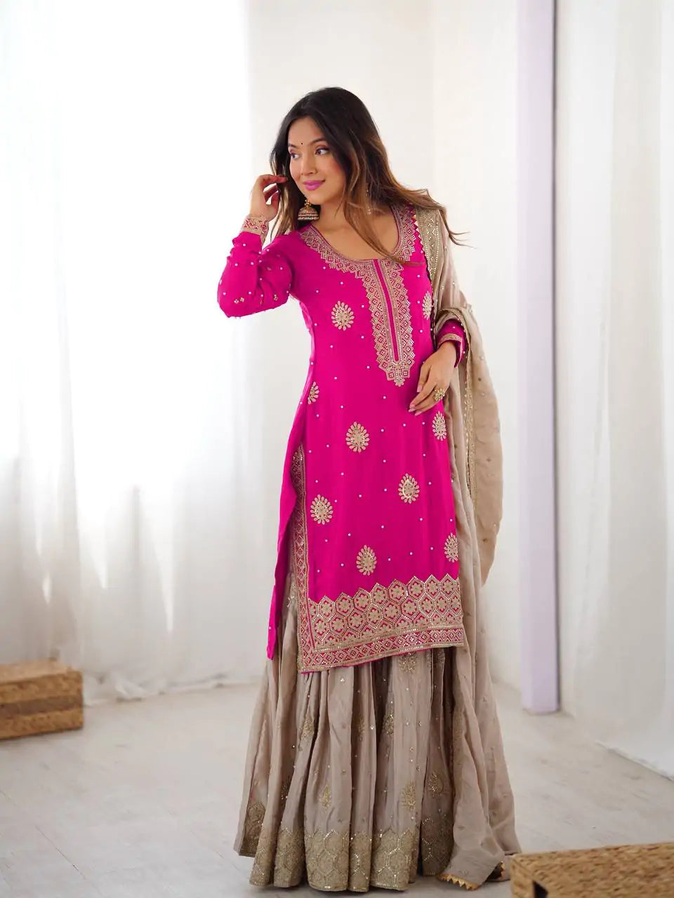 Pearl Elegance Chinon Silk Embroidered Sharara Set with Dupatta