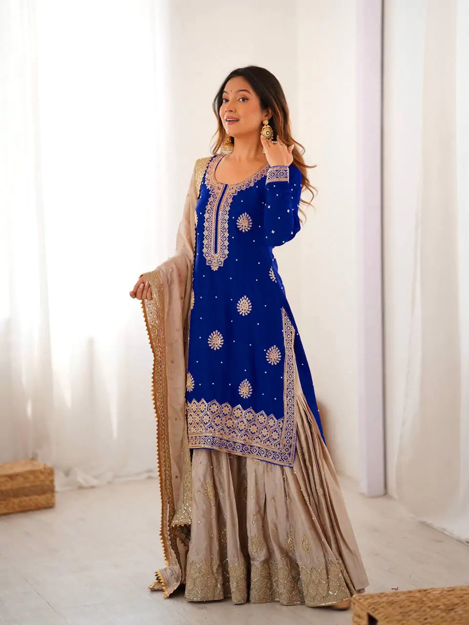 Pearl Elegance Chinon Silk Embroidered Sharara Set with Dupatta