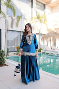 Mrinalika Ice Velvet Zari & Mirror Work Designer Kurta Palazzo Set with Potli Bag
