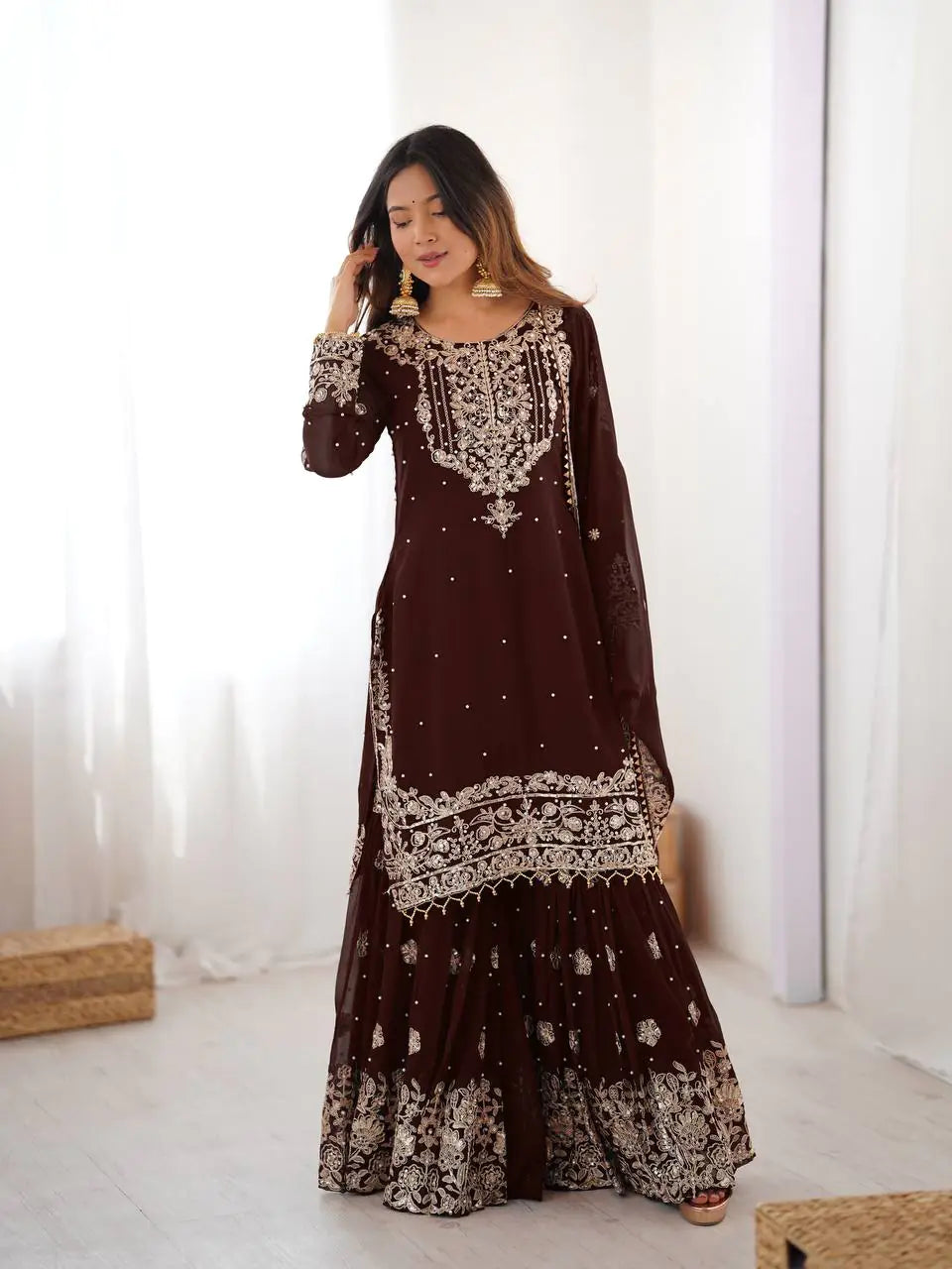 Premium Georgette Sequin & Pearl Work Sharara Set