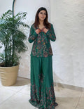 Modern Festive Chinon Embroidered Koti with Palazzo & Blouse