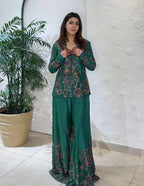 Modern Festive Chinon Embroidered Koti with Palazzo & Blouse