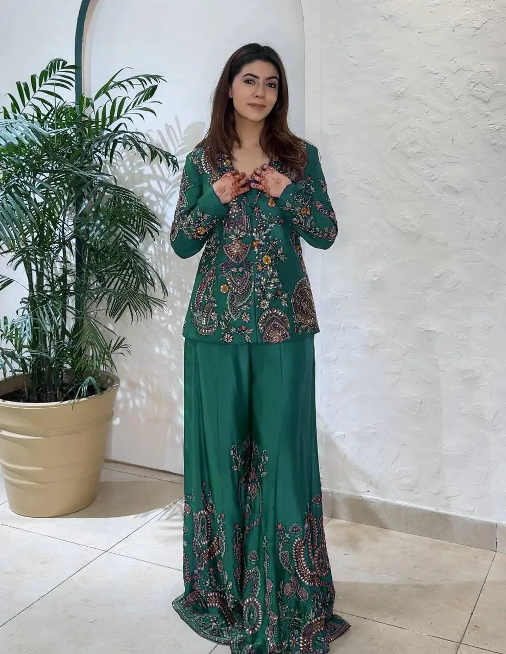 Modern Festive Chinon Embroidered Koti with Palazzo & Blouse