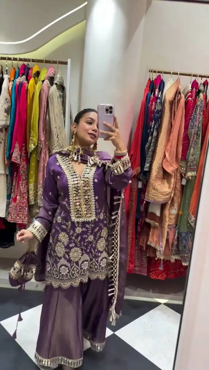 Royal Coss Moss Real Mirror Embroidered Kurta Palazzo Set