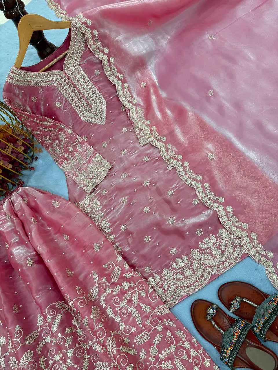 Fancy Sleeves Designer Top Palazzo Set with Sequin Diamond & Moti Handwork