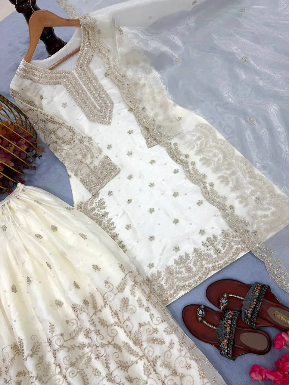 Fancy Sleeves Designer Top Palazzo Set with Sequin Diamond & Moti Handwork