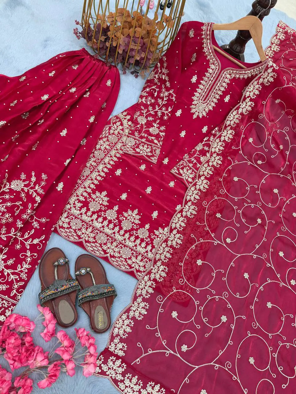 Fancy Sleeves Designer Top Palazzo Set with Sequin Diamond & Moti Handwork