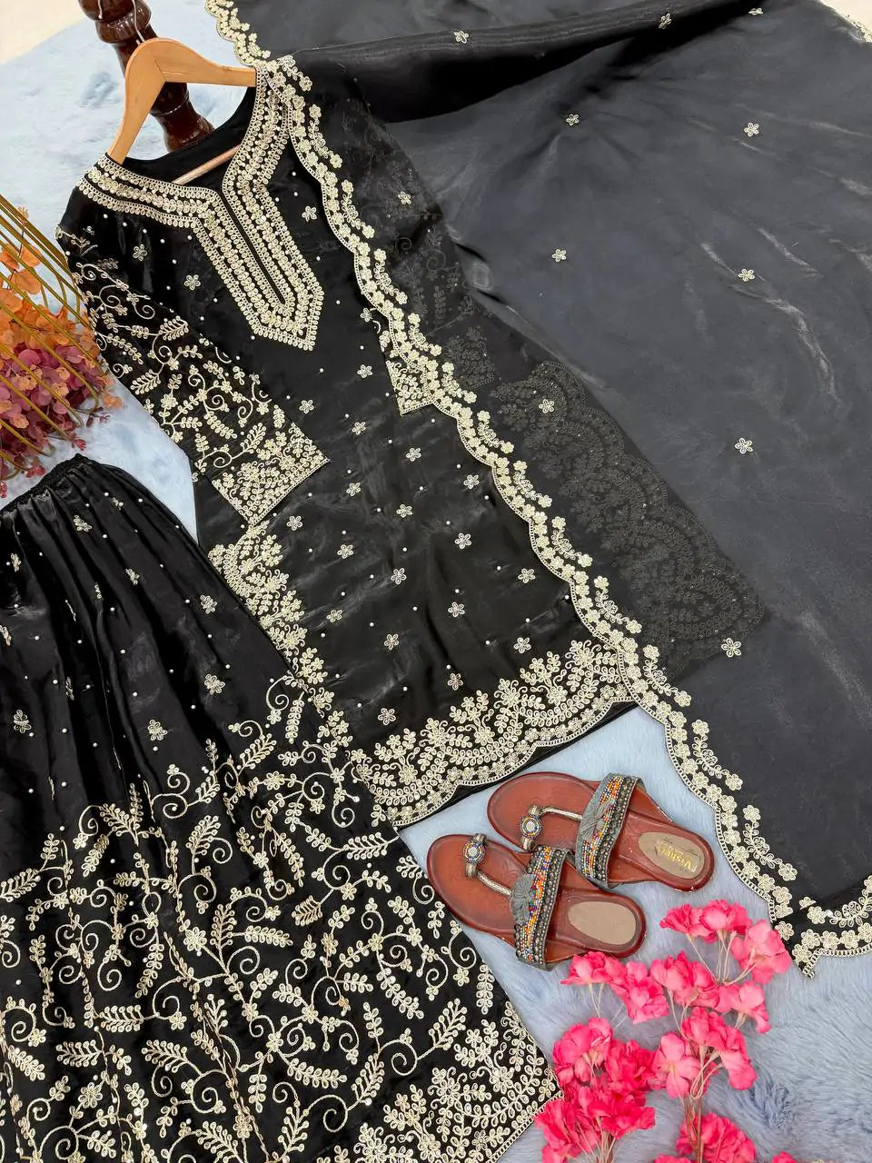 Fancy Sleeves Designer Top Palazzo Set with Sequin Diamond & Moti Handwork