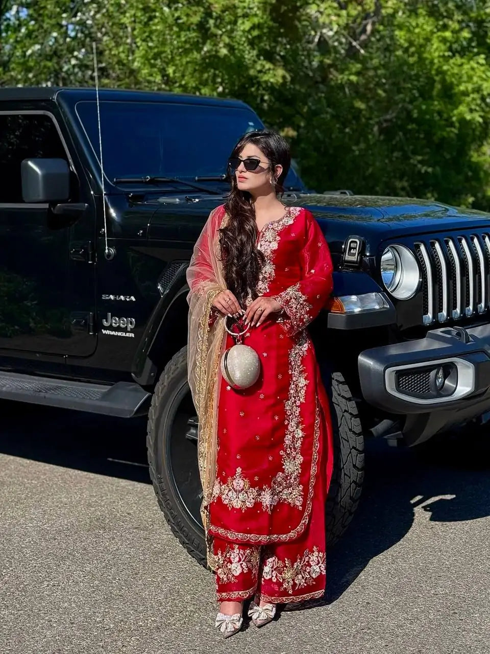 Designer Embroidered Diamond & Moti Handwork Kurta Palazzo Set
