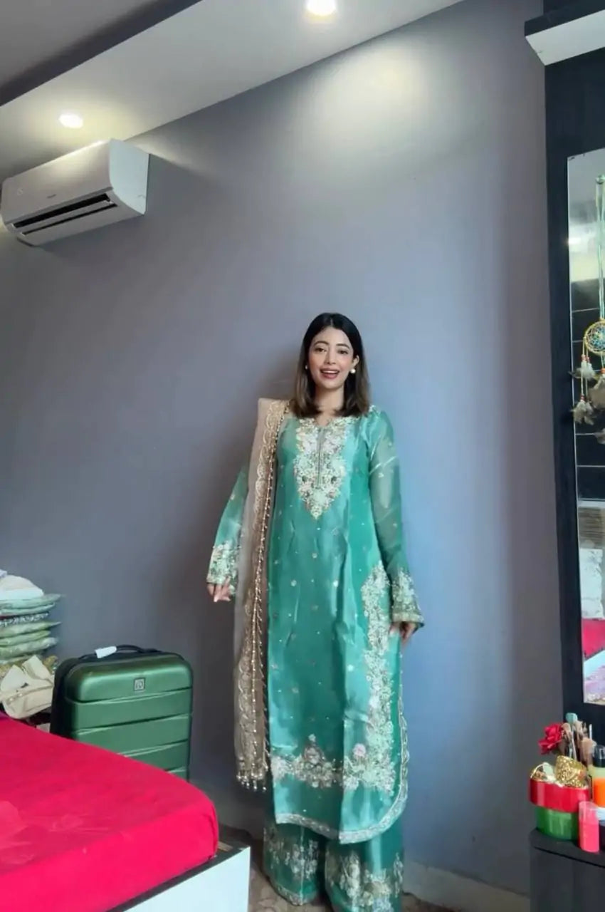 Designer Embroidered Diamond & Moti Handwork Kurta Palazzo Set