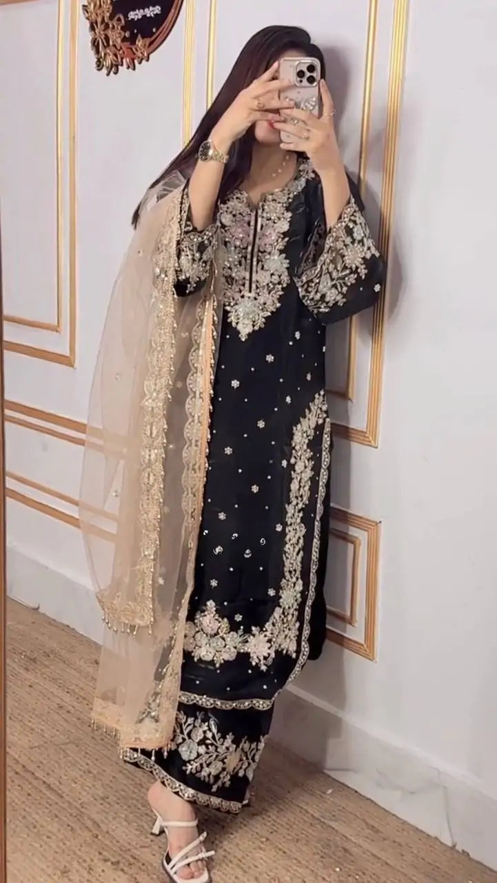 Designer Embroidered Diamond & Moti Handwork Kurta Palazzo Set