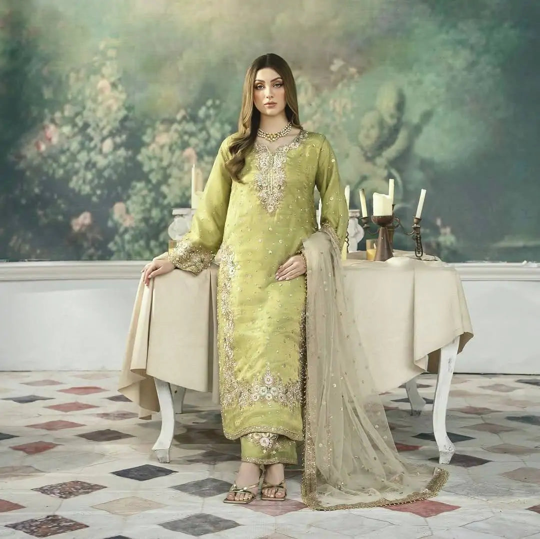 Designer Embroidered Diamond & Moti Handwork Kurta Palazzo Set