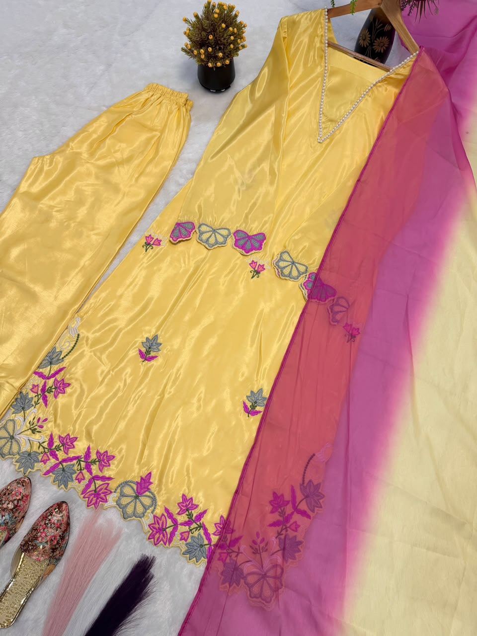 Aarvanya Pure Silk Embroidered Set with Multi-Needle Sequin Work Kurta Palazzo Set