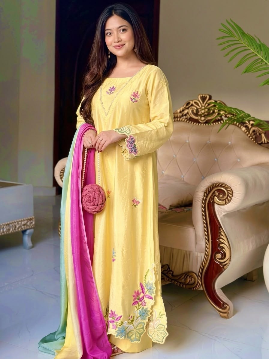 Aarvanya Pure Silk Embroidered Set with Multi-Needle Sequin Work Kurta Palazzo Set