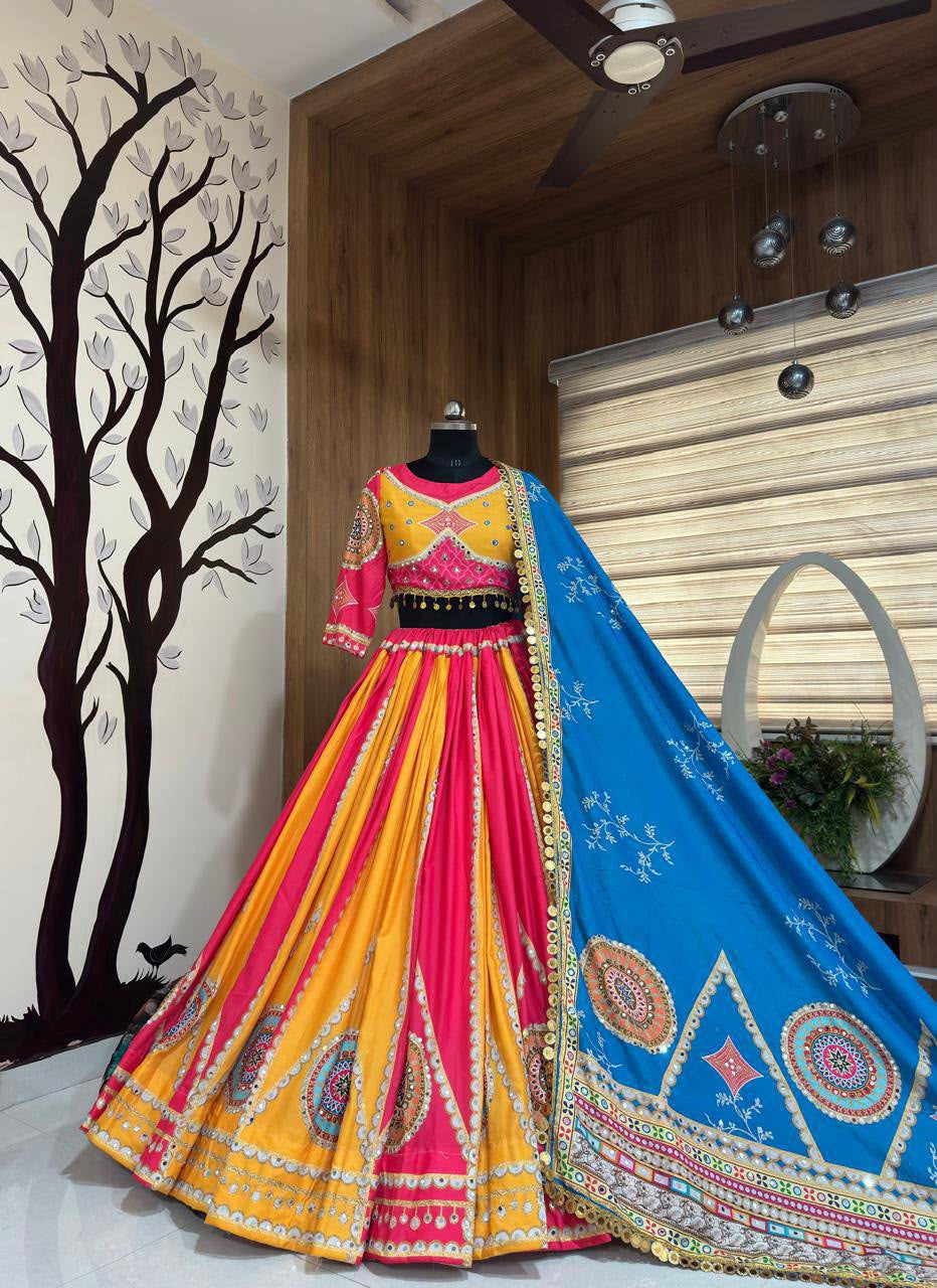 Rangsaaz Muslin Cotton Mirror Work Lehenga Choli with Multi Handwork Lace Dupatta