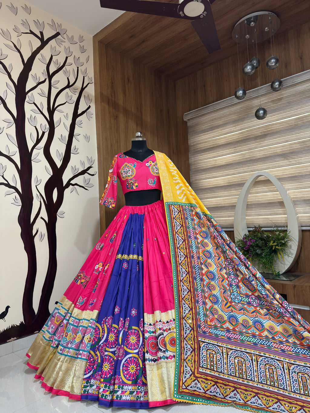 Garvi Muslin Cotton Lehenga Choli Set with Mirror Work & Lace Border Dupatta