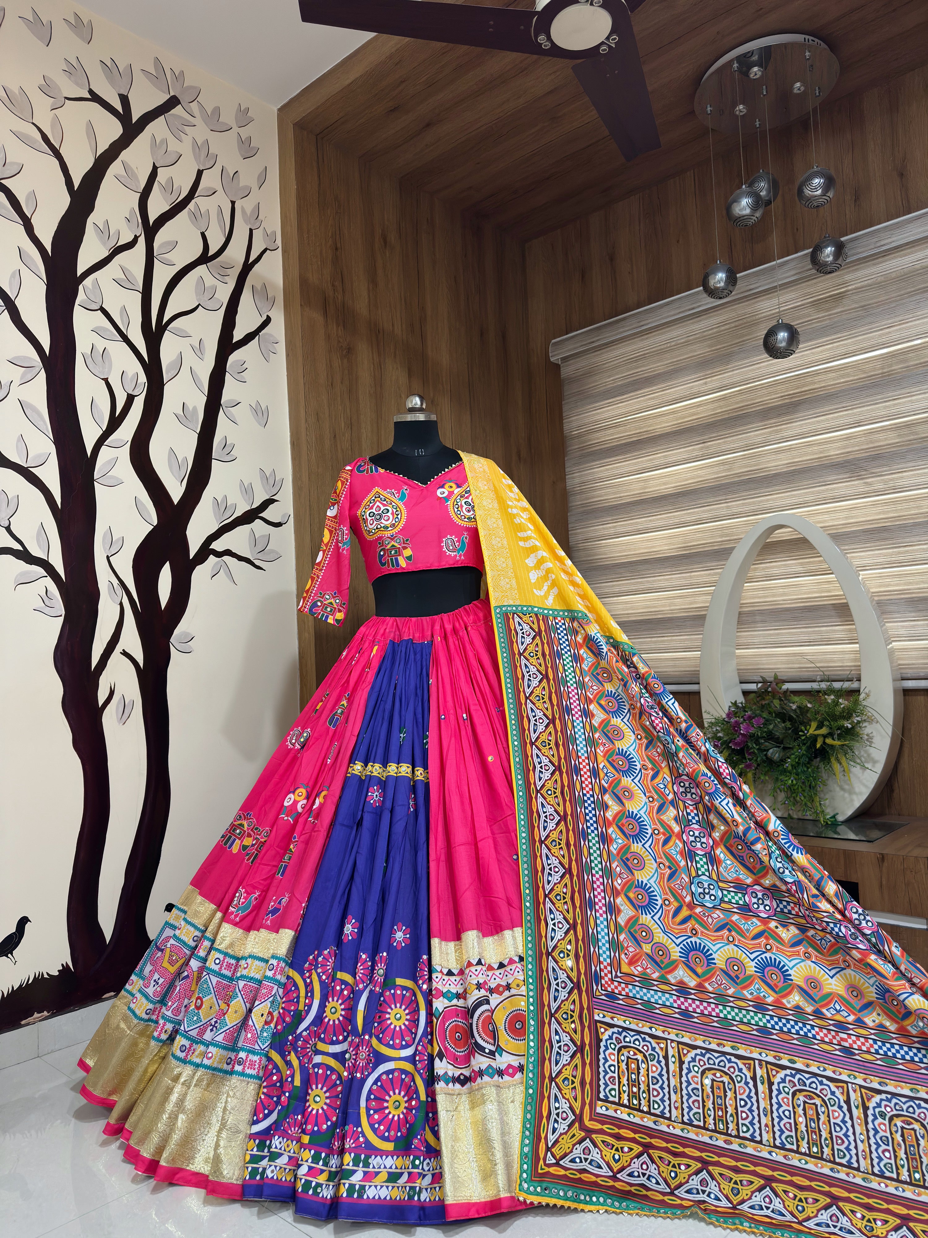 Garvi Muslin Cotton Lehenga Choli Set with Mirror Work & Lace Border Dupatta