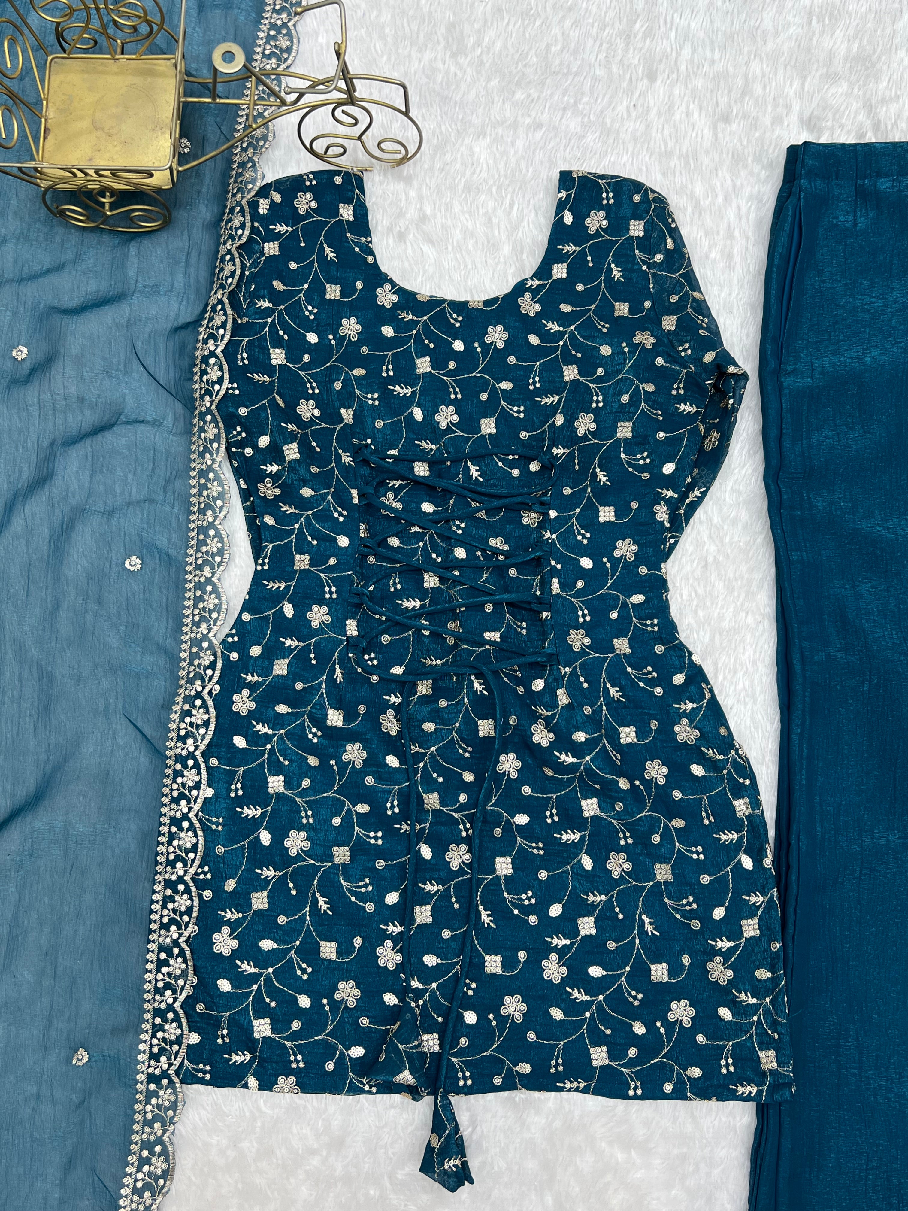 Sharvik Crunchy Silk Embroidered Kurta with Bell Bottom & Dupatta