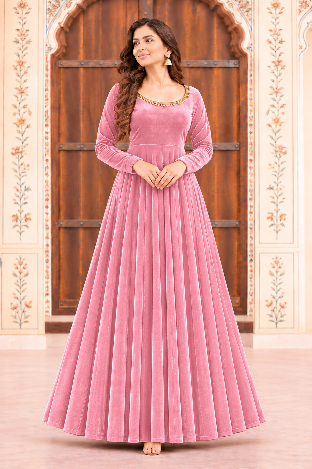 Zareen Velvet Anarkali Gown Set with Gotta Lace Work, Matching Dupatta