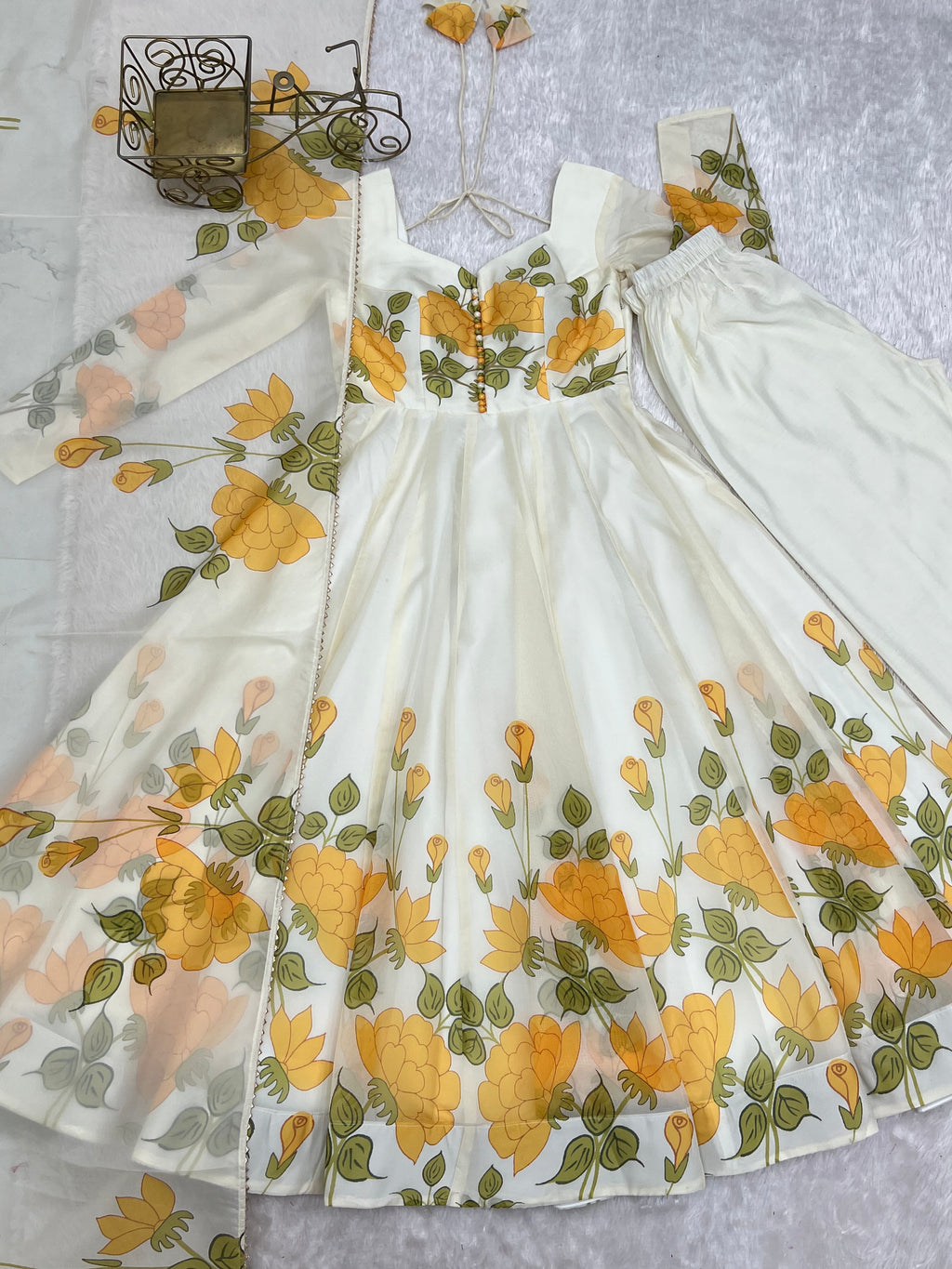 Vaidehika Floral Organza Silk Anarkali Set with Pant & Gota Patti Dupatta