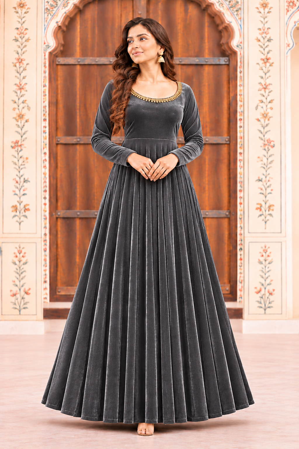 Zareen Velvet Anarkali Gown Set with Gotta Lace Work, Matching Dupatta