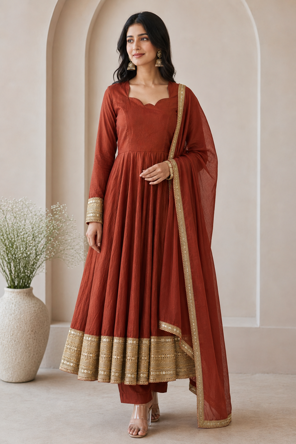Saanjh Vichitra Silk Sequins Embroidered Anarkali Set with Pant & Dupatta