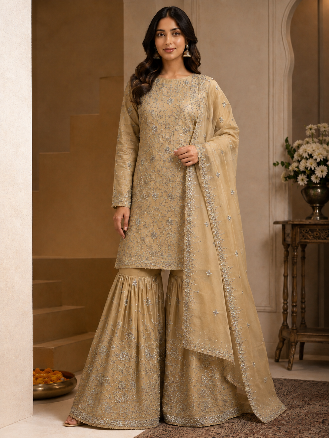 Zarq-e-Meher Rangoli Crush Kurta Sharara Set with Stone Embroidery