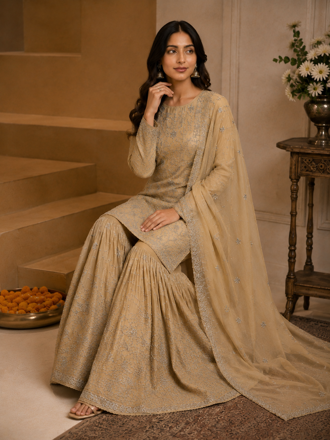Zarq-e-Meher Rangoli Crush Kurta Sharara Set with Stone Embroidery