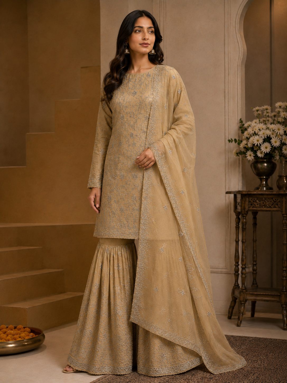 Zarq-e-Meher Rangoli Crush Kurta Sharara Set with Stone Embroidery