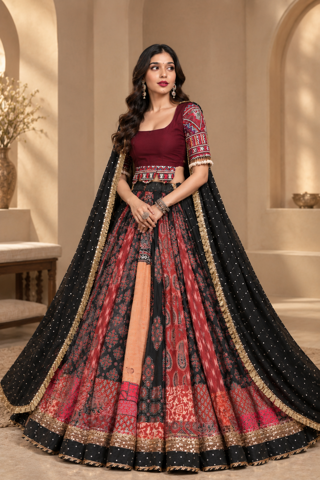Zehra Heavy Muslin Cotton Printed Mirror Work Lehenga with Dupatta