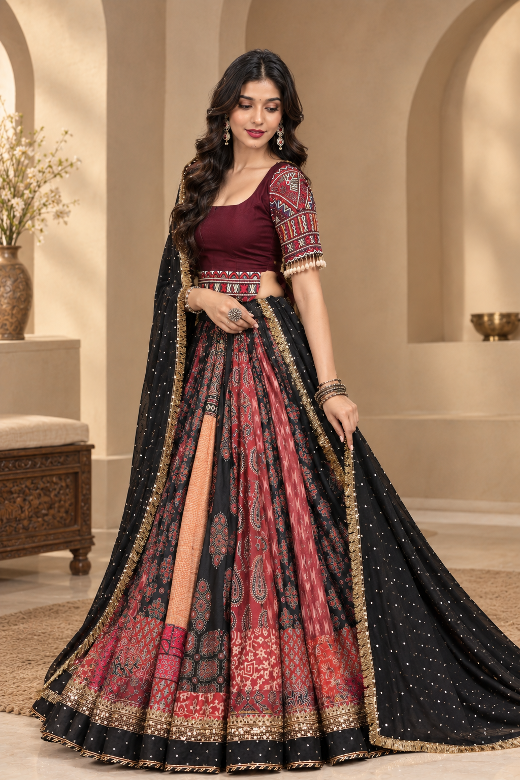 Zehra Heavy Muslin Cotton Printed Mirror Work Lehenga with Dupatta