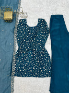Sharvik Crunchy Silk Embroidered Kurta with Bell Bottom & Dupatta