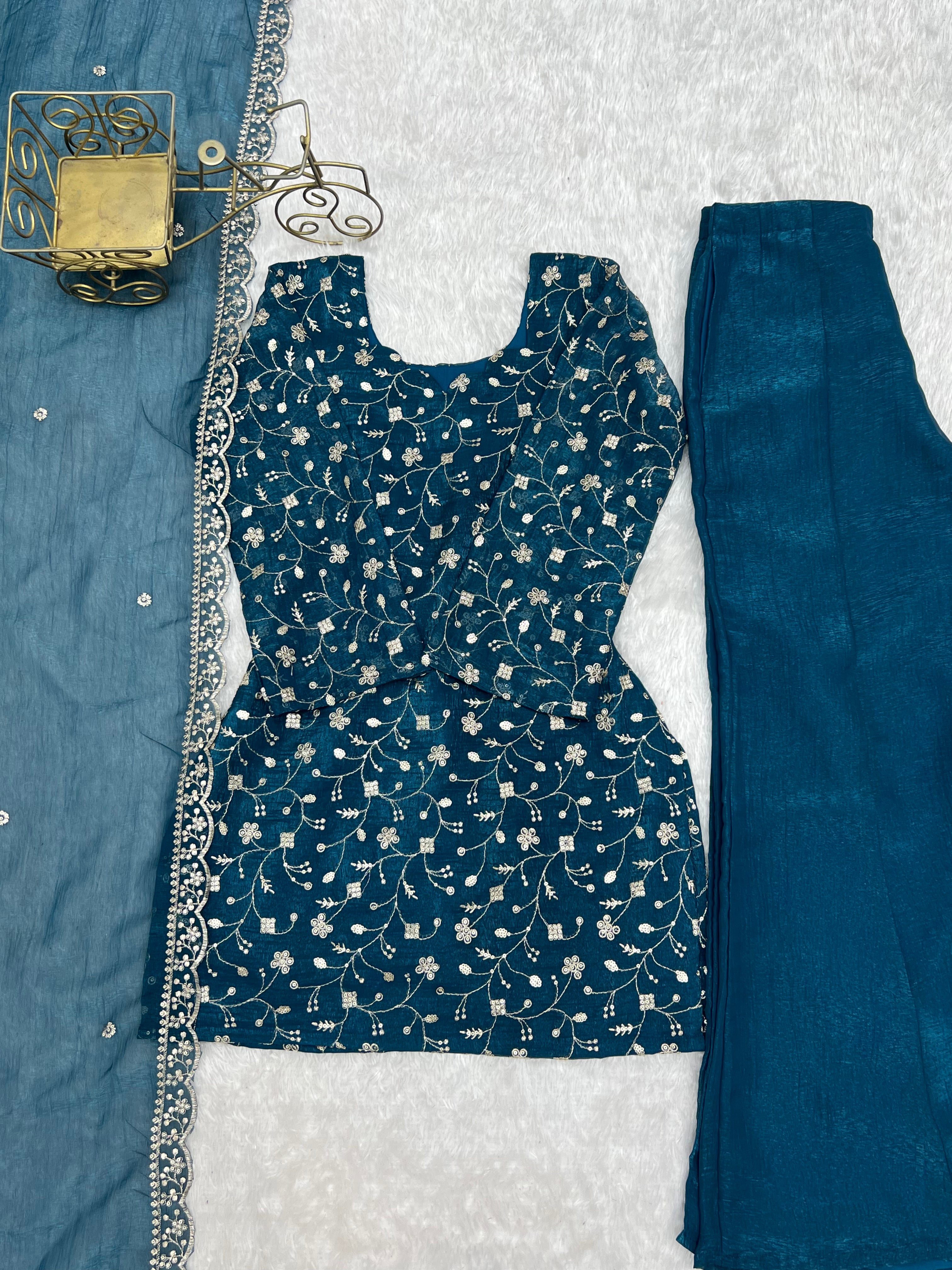 Sharvik Crunchy Silk Embroidered Kurta with Bell Bottom & Dupatta