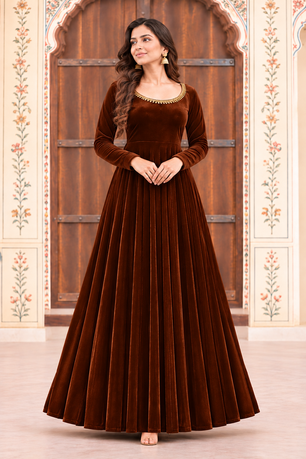 Zareen Velvet Anarkali Gown Set with Gotta Lace Work, Matching Dupatta