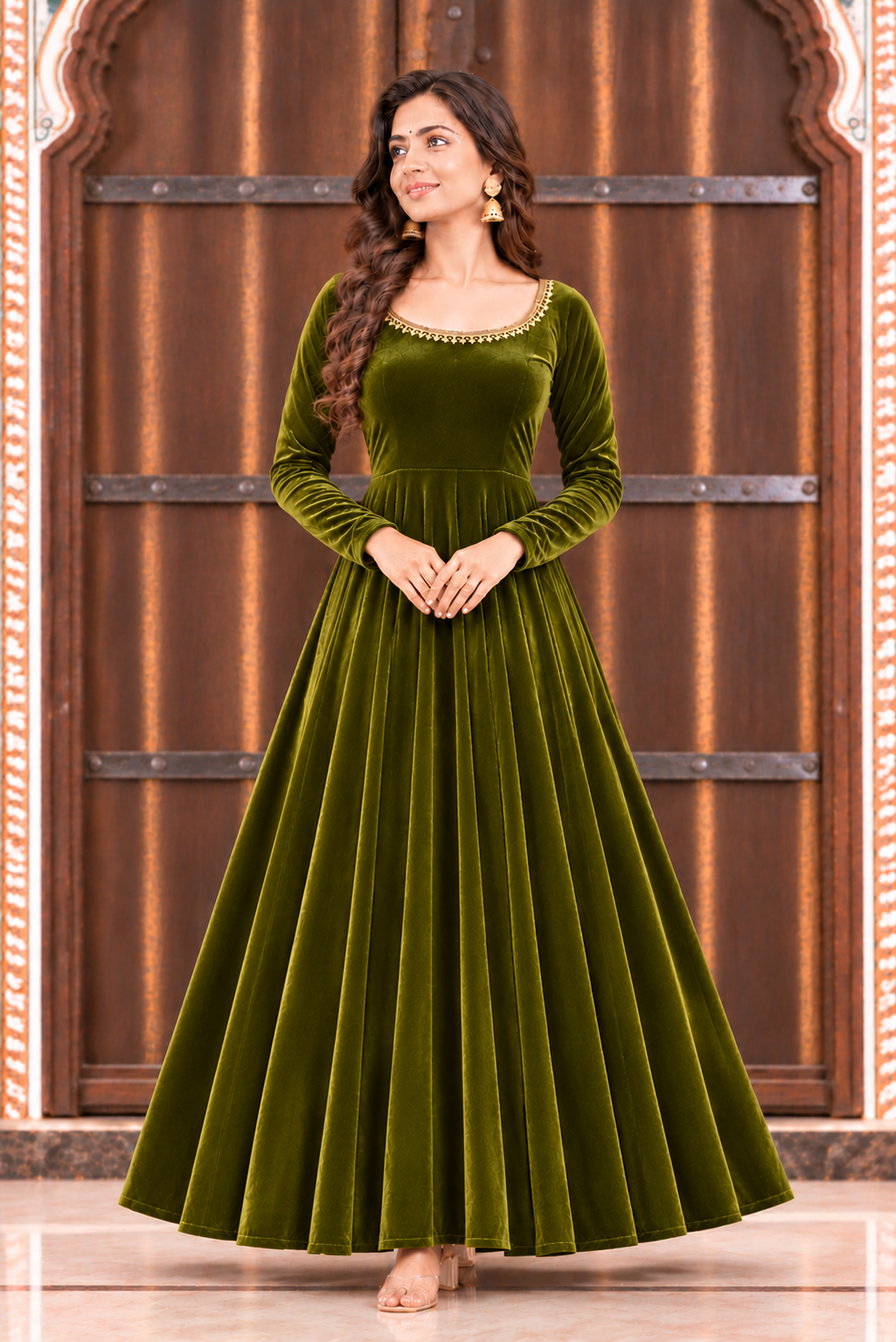 Zareen Velvet Anarkali Gown Set with Gotta Lace Work, Matching Dupatta
