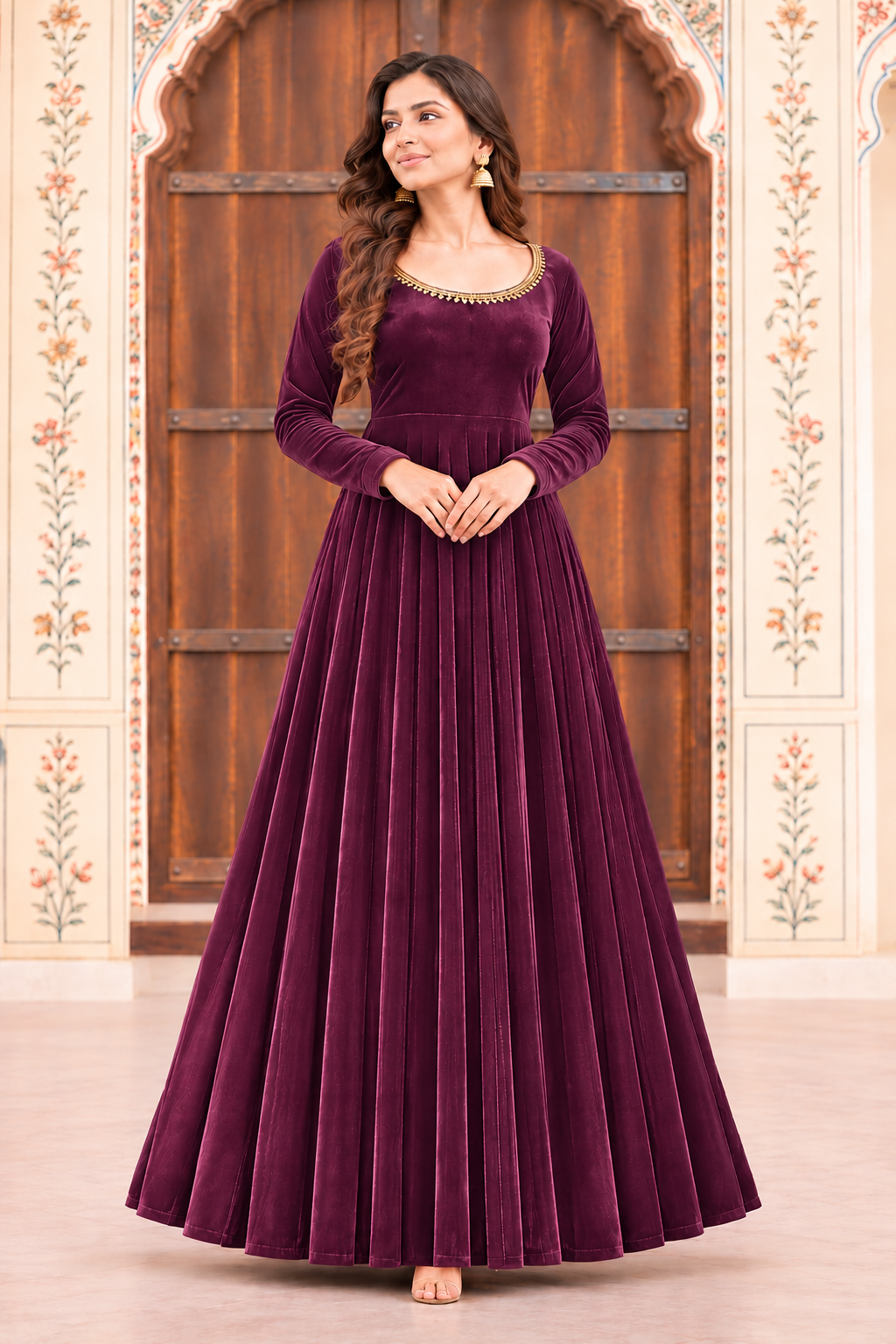 Zareen Velvet Anarkali Gown Set with Gotta Lace Work, Matching Dupatta