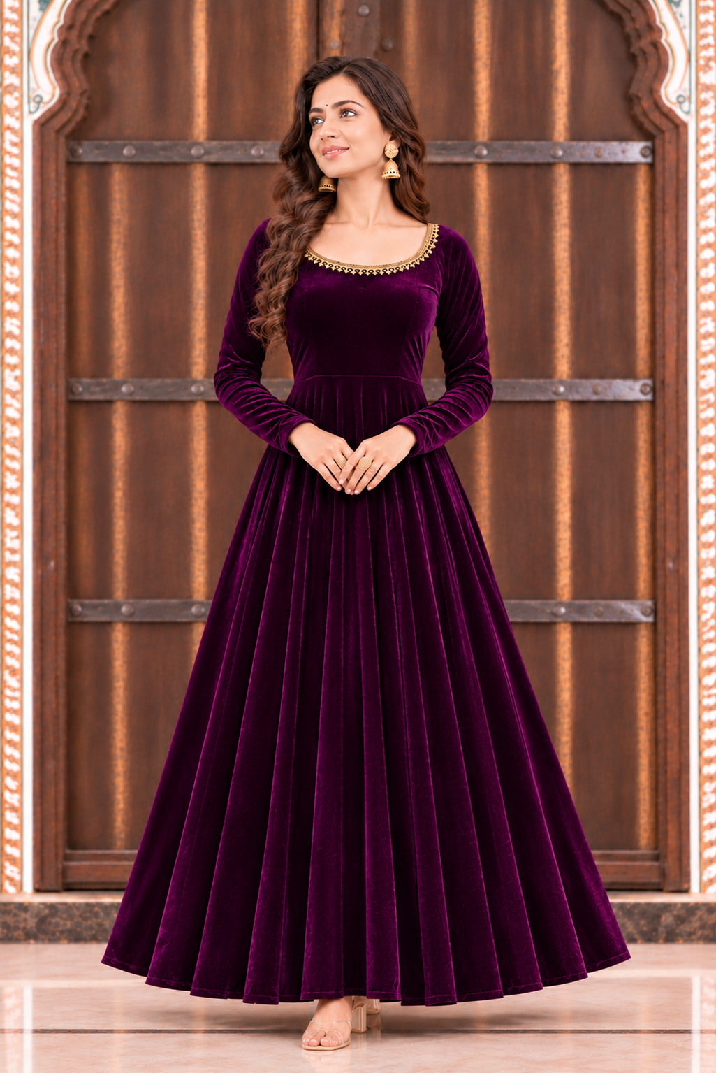 Zareen Velvet Anarkali Gown Set with Gotta Lace Work, Matching Dupatta