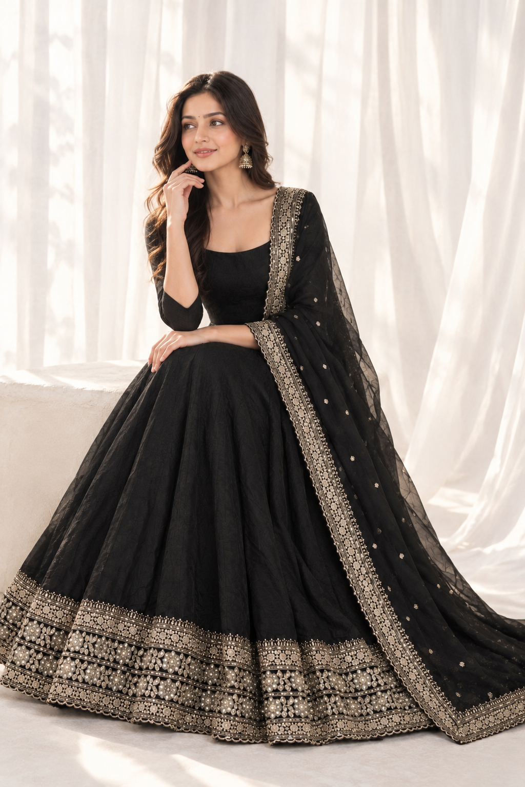 Black Georgette Full Length Anarkali Gown Set wit Dupatta
