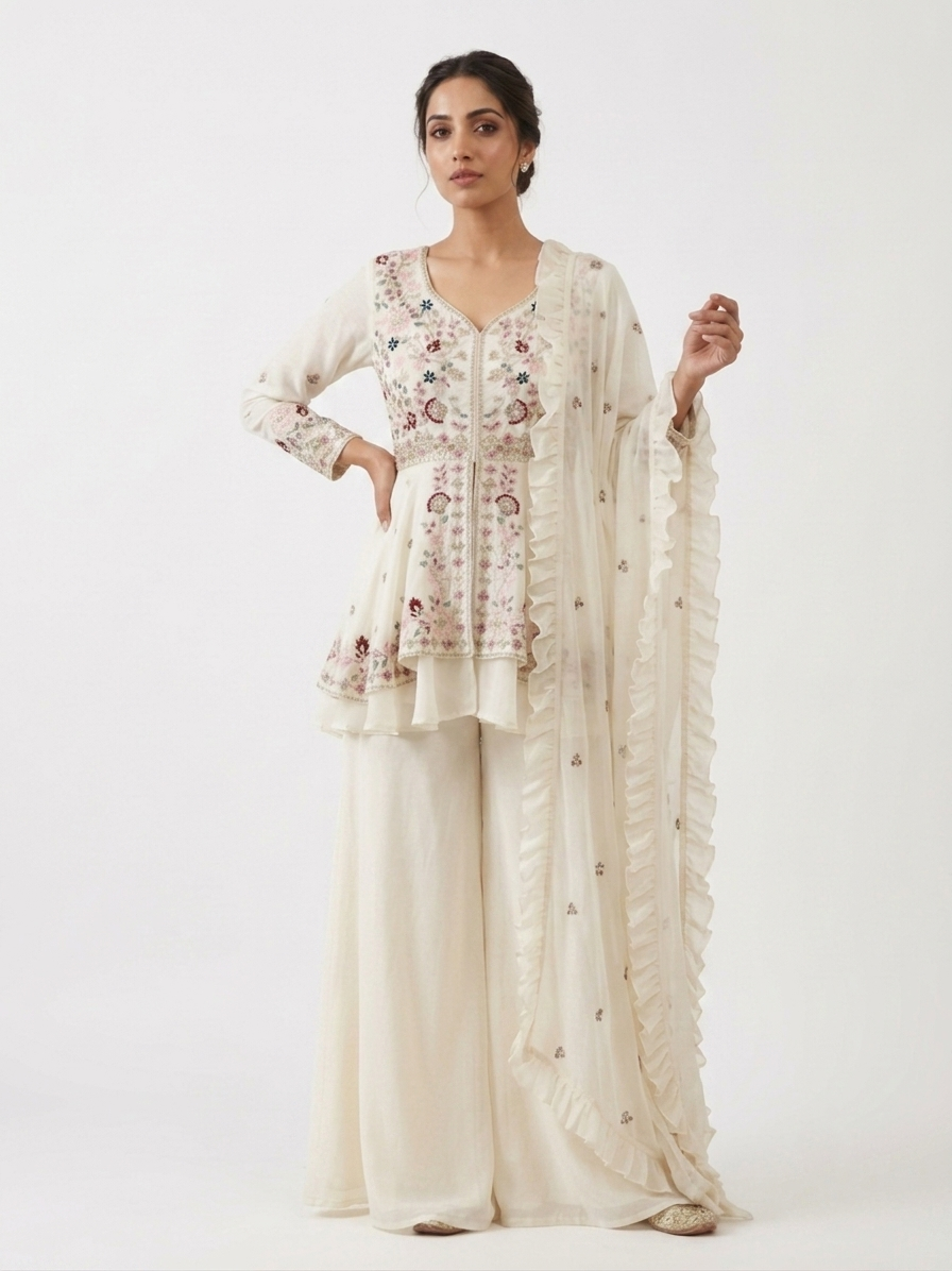 Party Wear Embroidered Sharara Set with Silk Dupatta