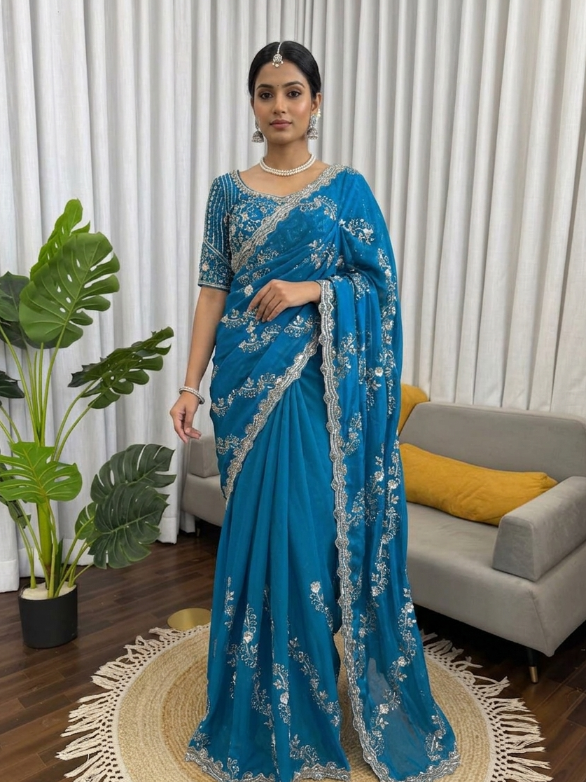 Myra Fendy Silk Beads & Sequins Work Saree with Stitched Blouse