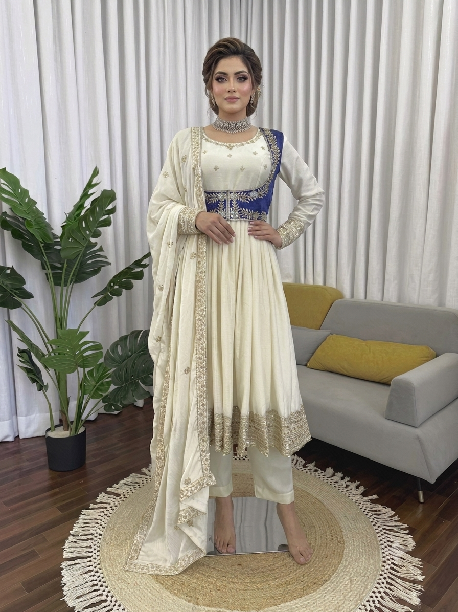 Mehira Chinon Silk Anarkali Set with Embroidered Koti & Dupatta