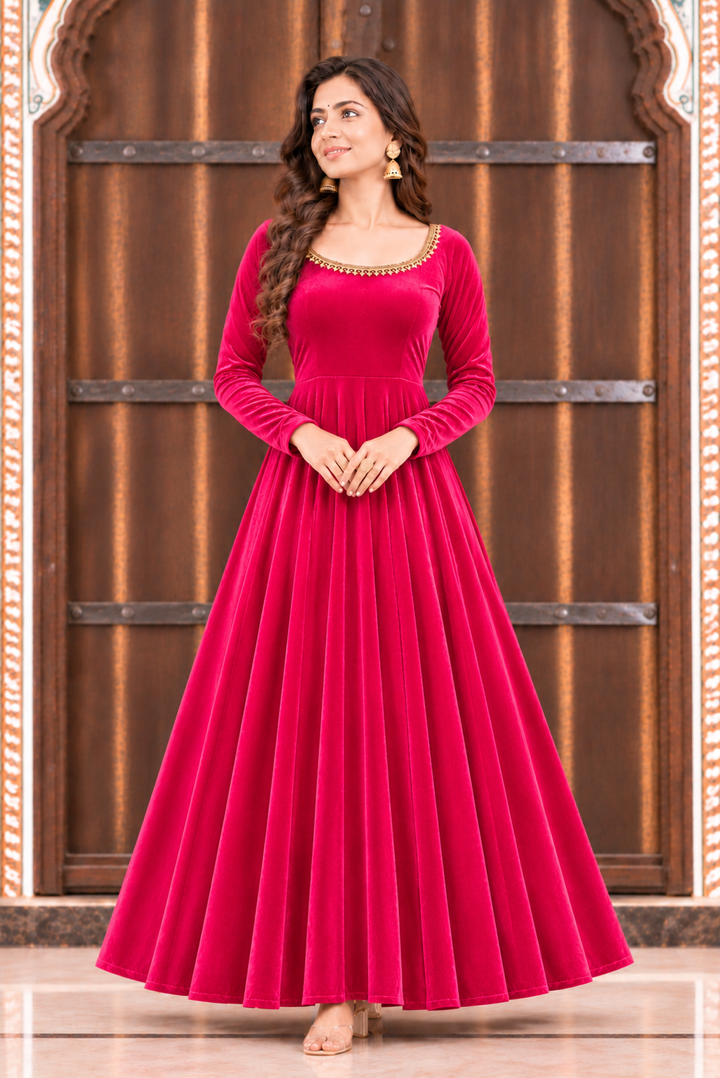 Zareen Velvet Anarkali Gown Set with Gotta Lace Work, Matching Dupatta