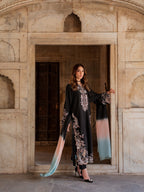 Aafiya Designer Pure Satin Rayon Embroidered Long Kaftan Set with Shaded Chiffon Dupatta