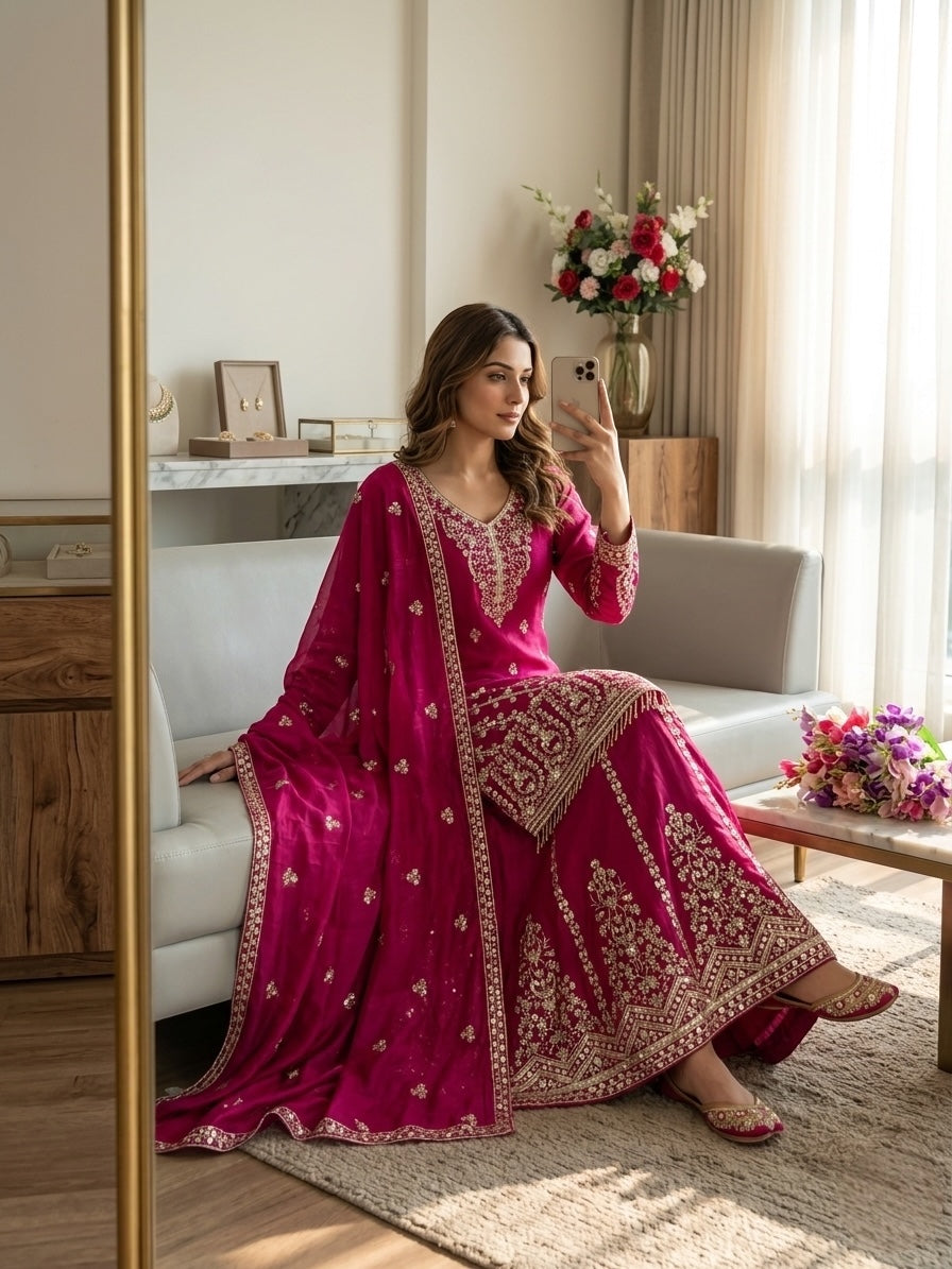 Ruhani Cp-Vichitra Silk 5mm Sequins Embroidered Sarara Suit with Dupatta