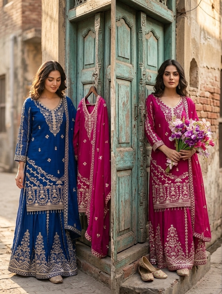 Ruhani Cp-Vichitra Silk 5mm Sequins Embroidered Sarara Suit with Dupatta