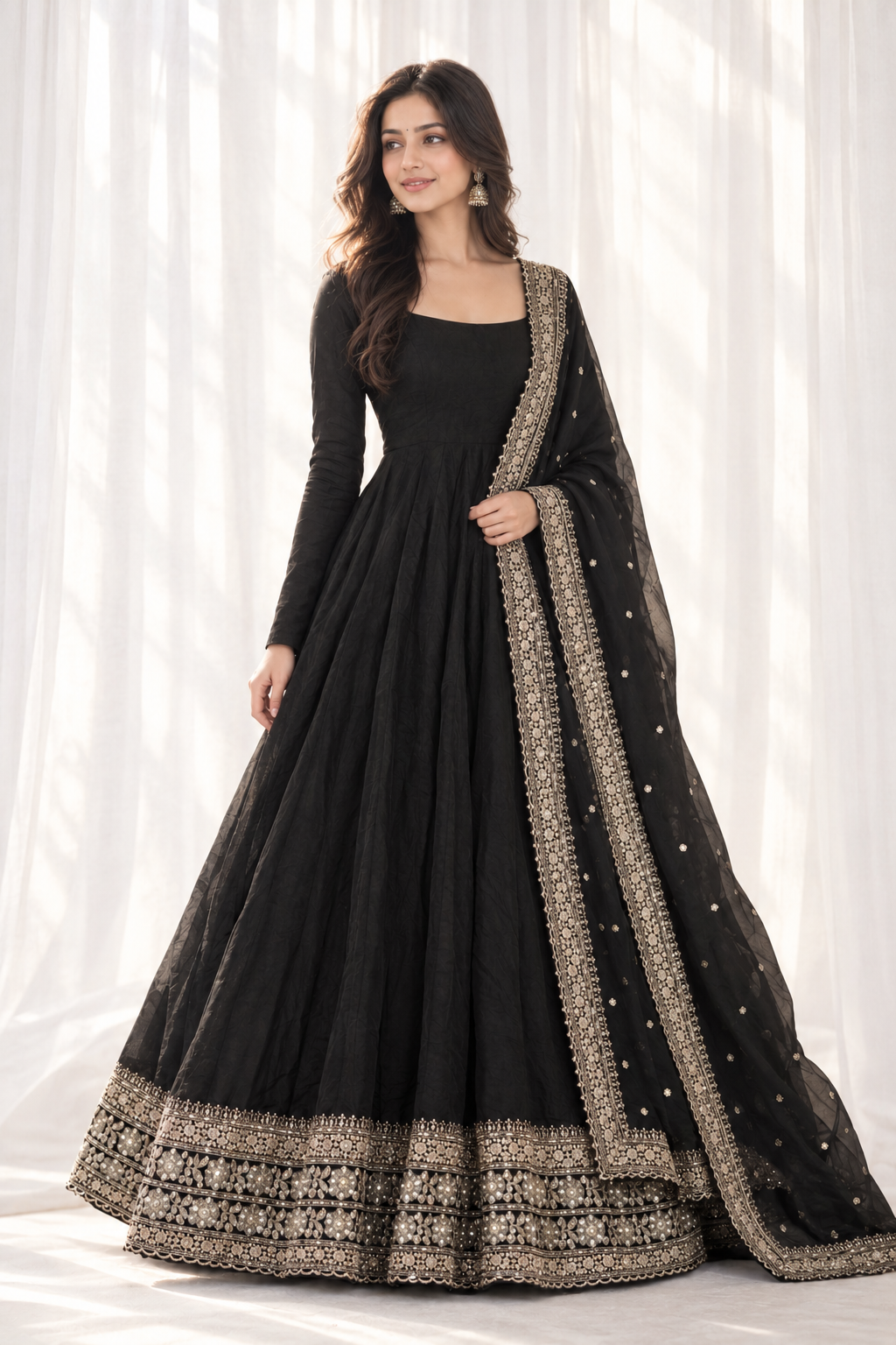 Black Georgette Full Length Anarkali Gown Set wit Dupatta