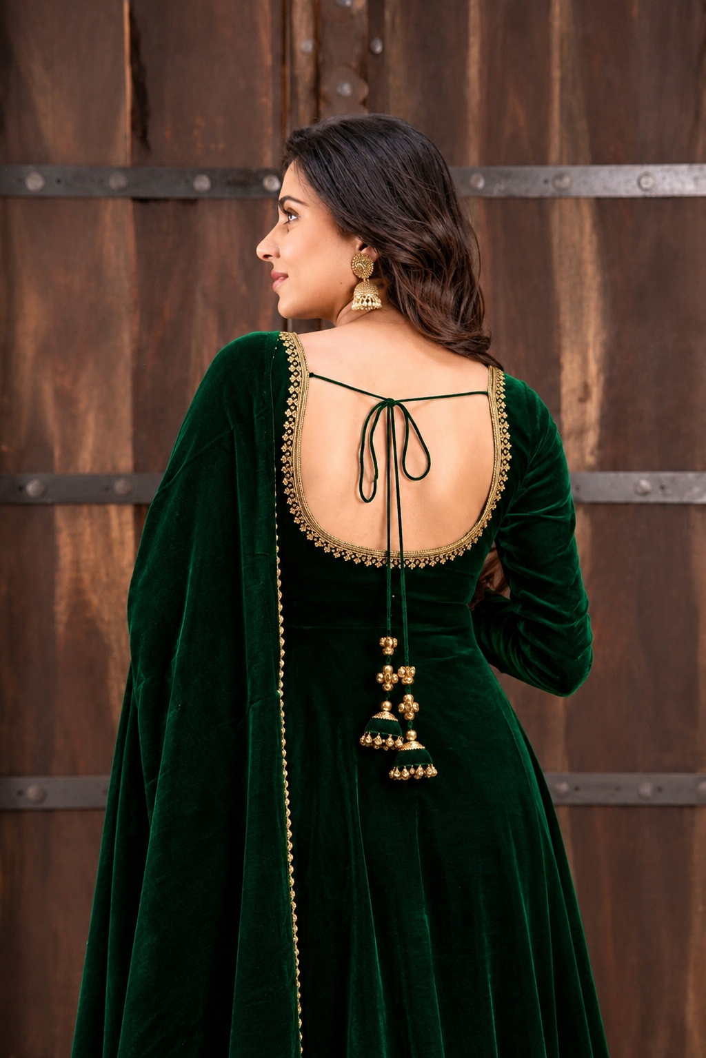 Zareen Velvet Anarkali Gown Set with Gotta Lace Work, Matching Dupatta