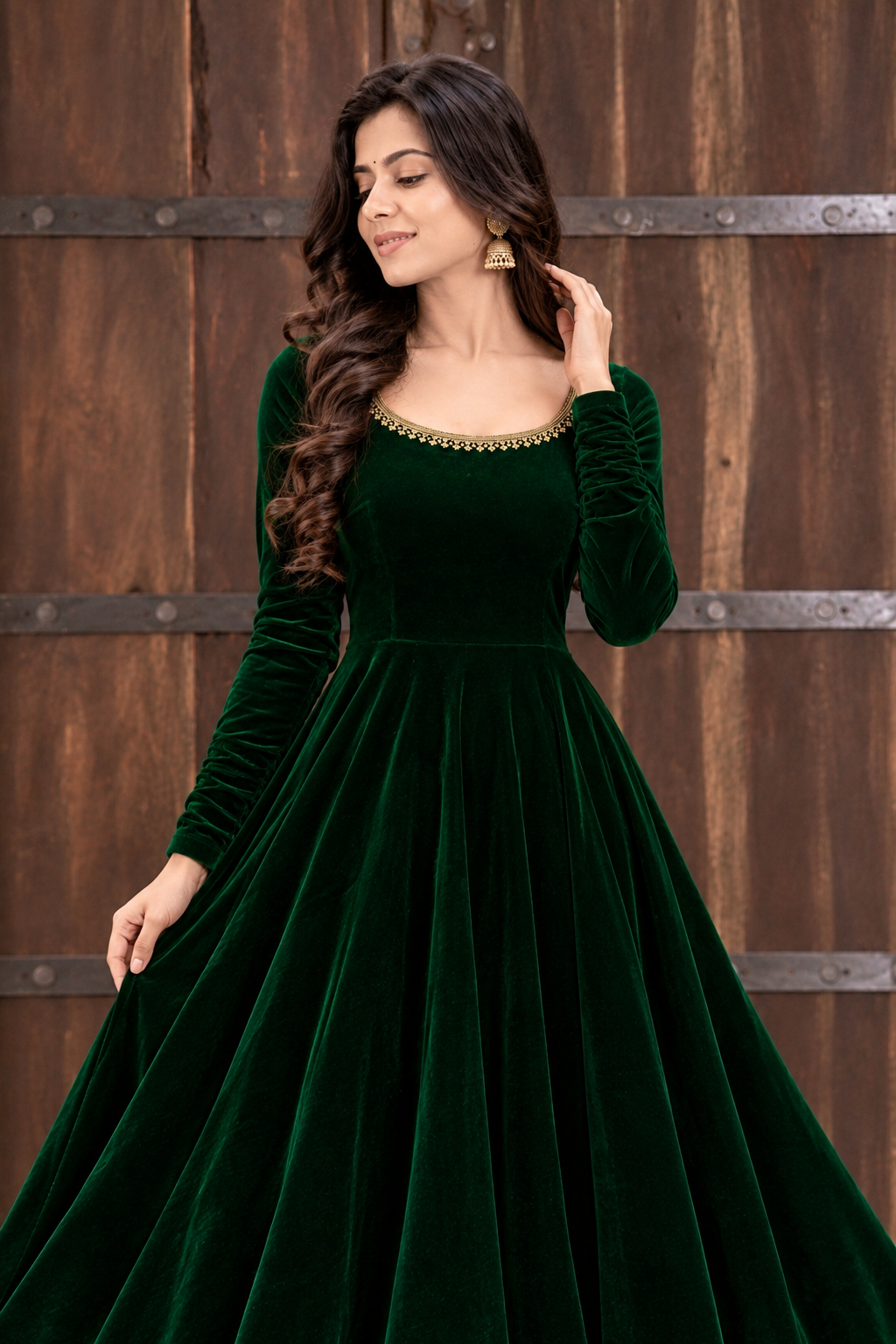 Zareen Velvet Anarkali Gown Set with Gotta Lace Work, Matching Dupatta