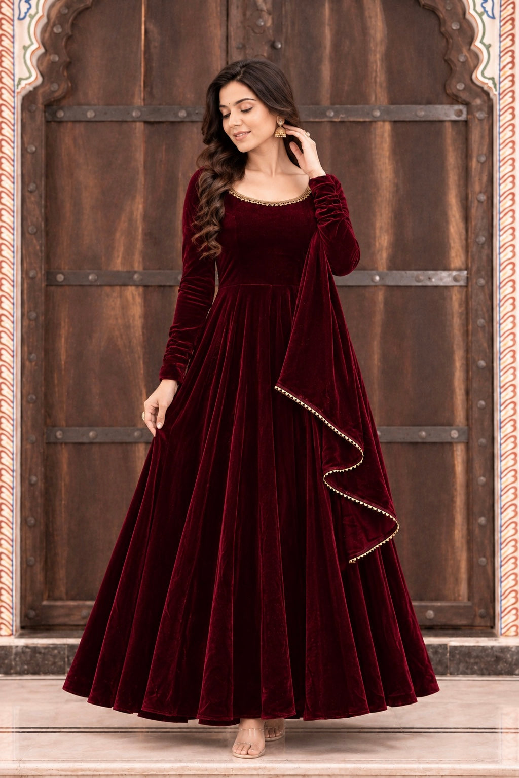 Zareen Velvet Anarkali Gown Set with Gotta Lace Work, Matching Dupatta